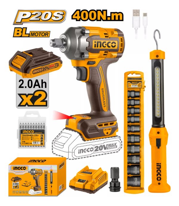 Llave De Impacto 400nm 20v + Linterna + Dados Ingco Cosli230 - Imagen 2