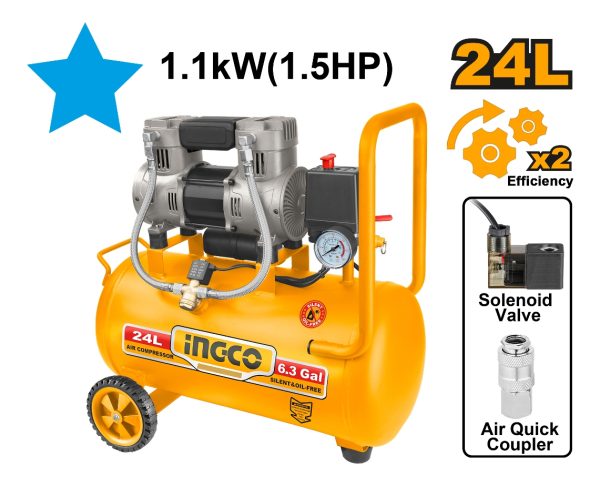 Compresor 24lt 1.5hp Libre De Aceite Bajo Ruido Ingco - Imagen 2