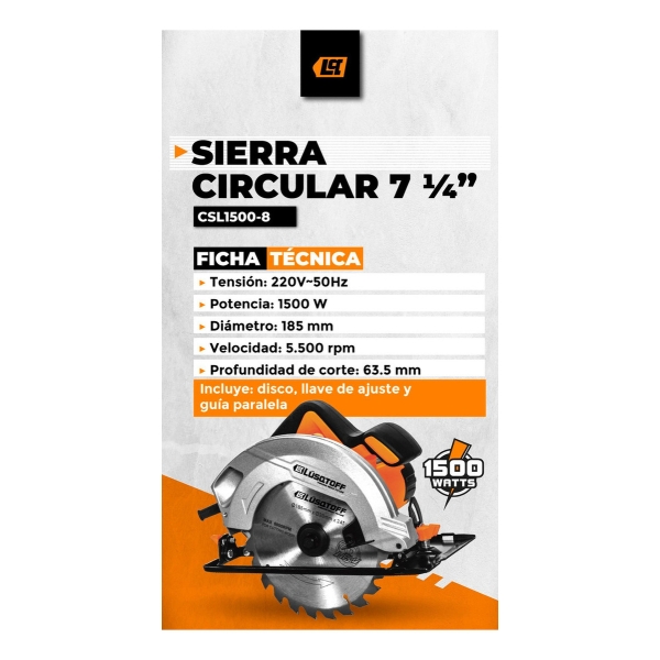 Sierra Circular Eléctrica Lüsqtoff Csl1500-8 185mm 1500w - Imagen 2